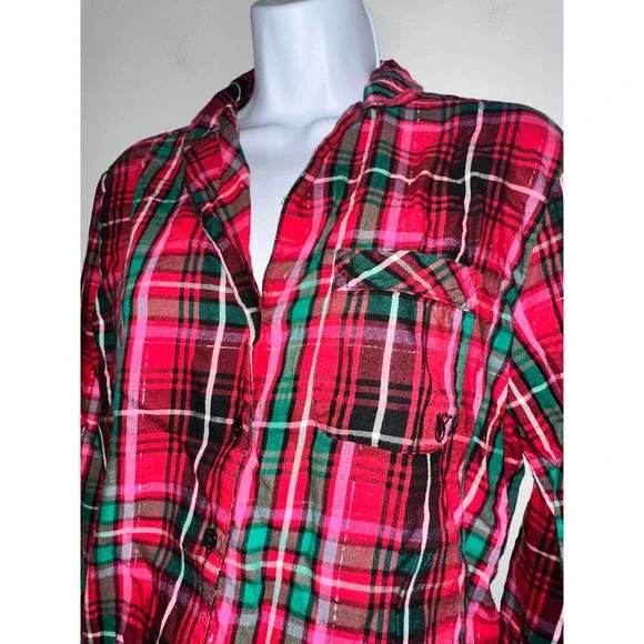 Victoria's Secret Plaid Pajama Set Long Sleeve Button Down XS Red Green Sparkle - Picture 4 of 7